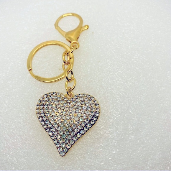 Purse Charm Keychain Crystal Iridescent Heart set in Golden tone - Picture 6 of 6